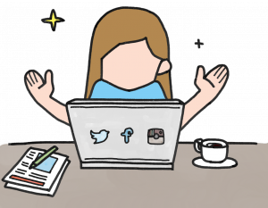 The picture shows a cartoon girl sitting by a laptop